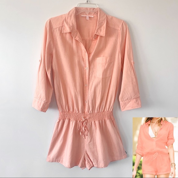 Victoria's Secret Pants - Victoria’s Secret Linen Romper Smocked Waist Peach